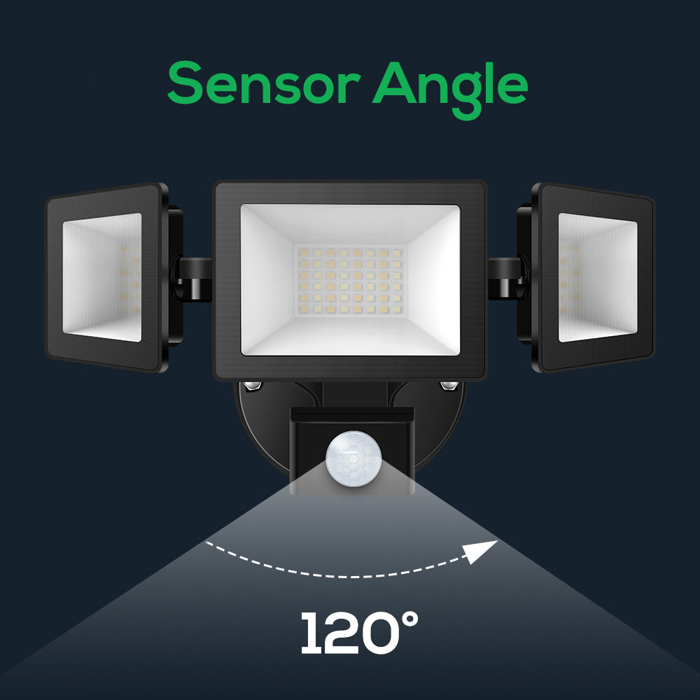 2400lm 3 Heads LED Security Outdoor Lights 30W Black IP65 Flood Lamp