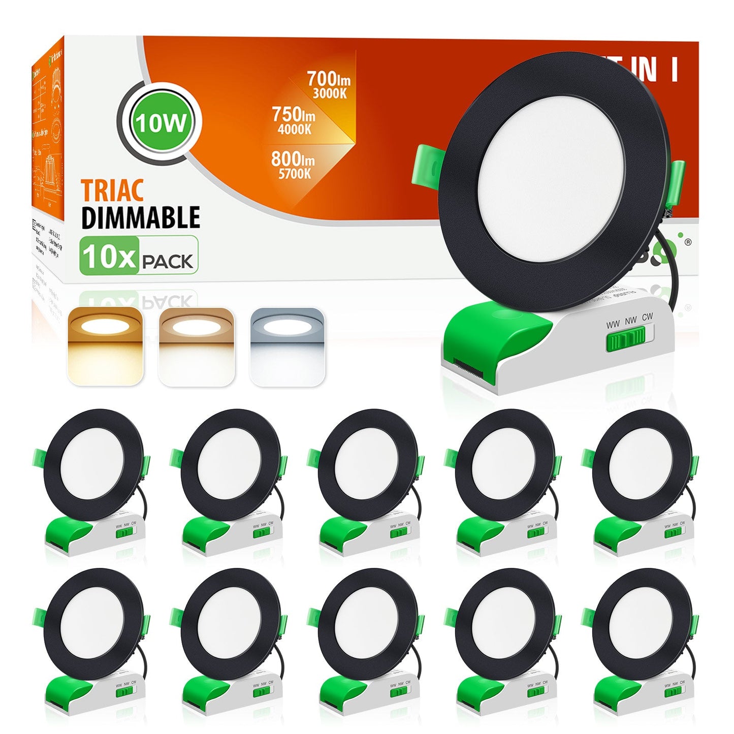 Flat / Concave 10W LED Downlight 3CCT Dimmable, Cutout 70-80mm, White & Black & Nickel Face, 10 Pack