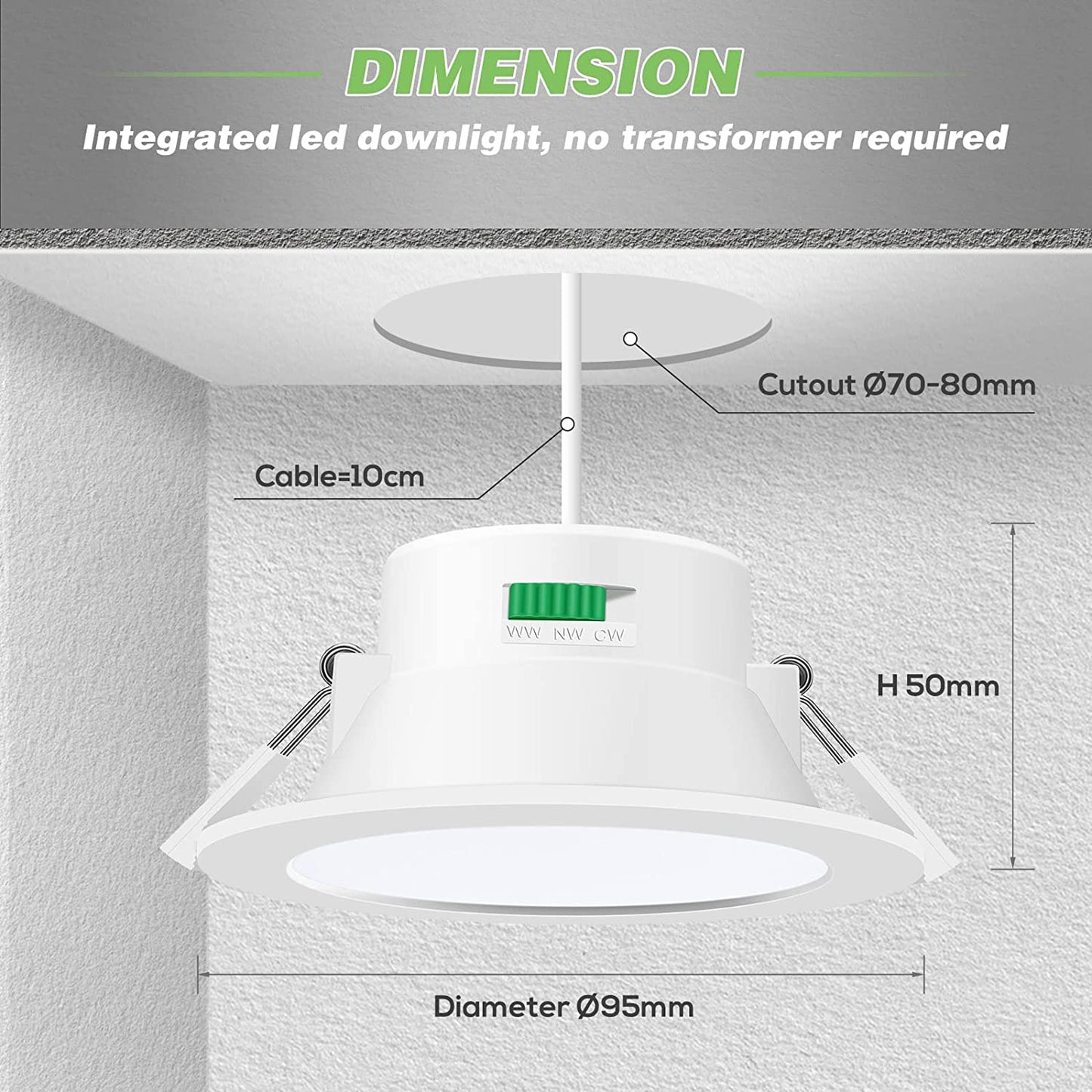 10W LED Downlights Tri-Color Changable Dimmable 70mm Cutout IP44, White Frame, 10 PACK