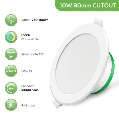 10W LED Recessed Downlight Warm/Cool White Dimmable 90mm Cutout