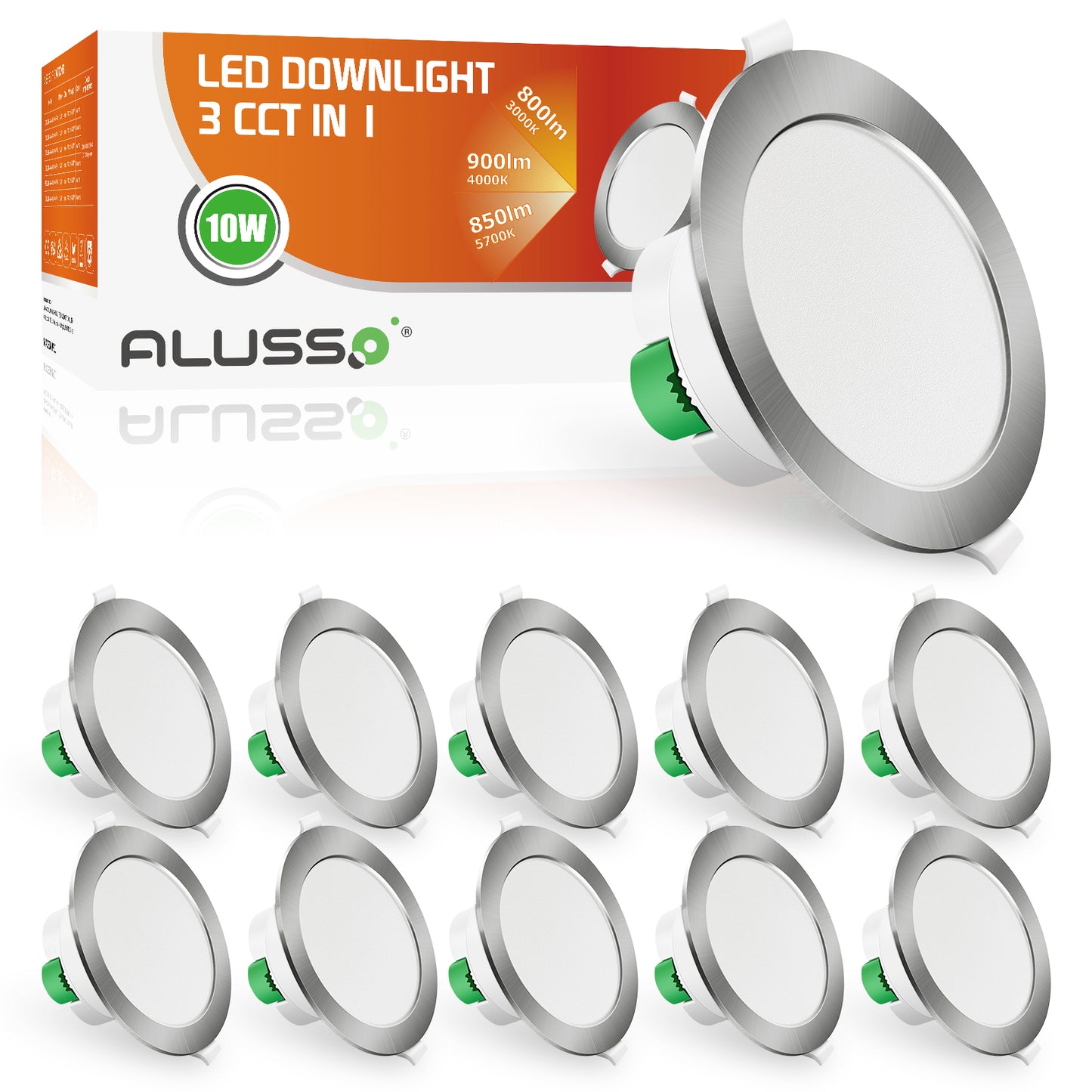 10W LED Recessed Downlight 3CCT Dimmable 90mm IP44 Satin Chrome 10 Pack