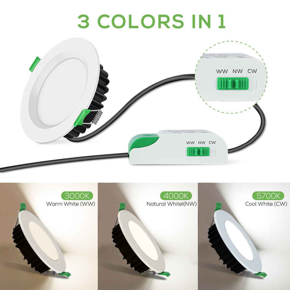 Flat / Concave 10W LED Downlight 3CCT Dimmable, Cutout 70-80mm, White & Black & Nickel Face, 10 Pack