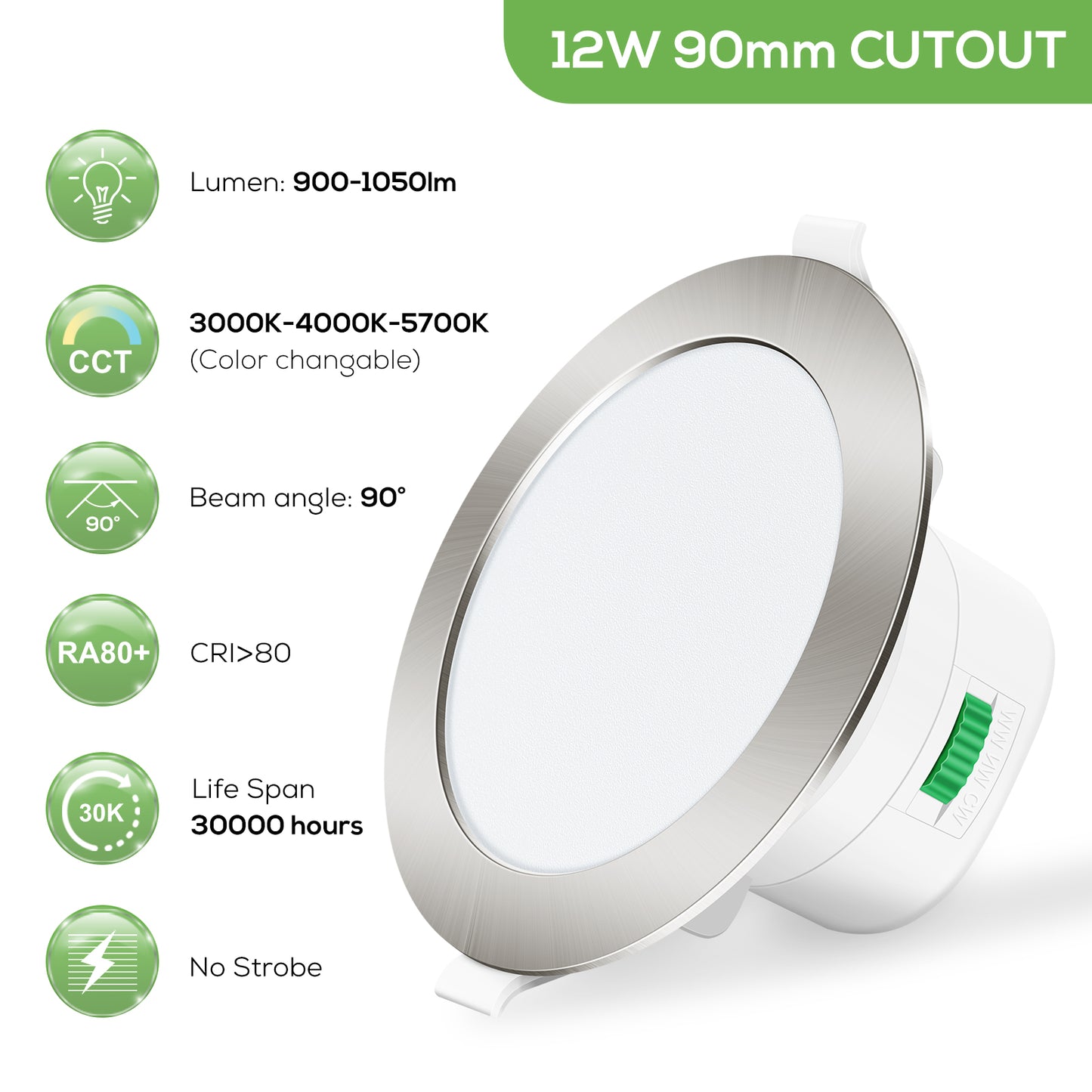 12W 13W LED Recessed Downlight 3CCT Dimmable 90mm IP44 Satin Chrome 10 Pack