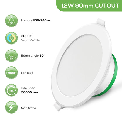 12W LED Recessed Downlight Warm/Cool White Dimmable 90mm Cutout