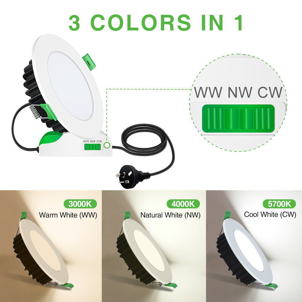 White Black Nickel 12W LED Downlight 3CCT Dimmable, Cutout 90-100mm Flat Face, 10 Pack