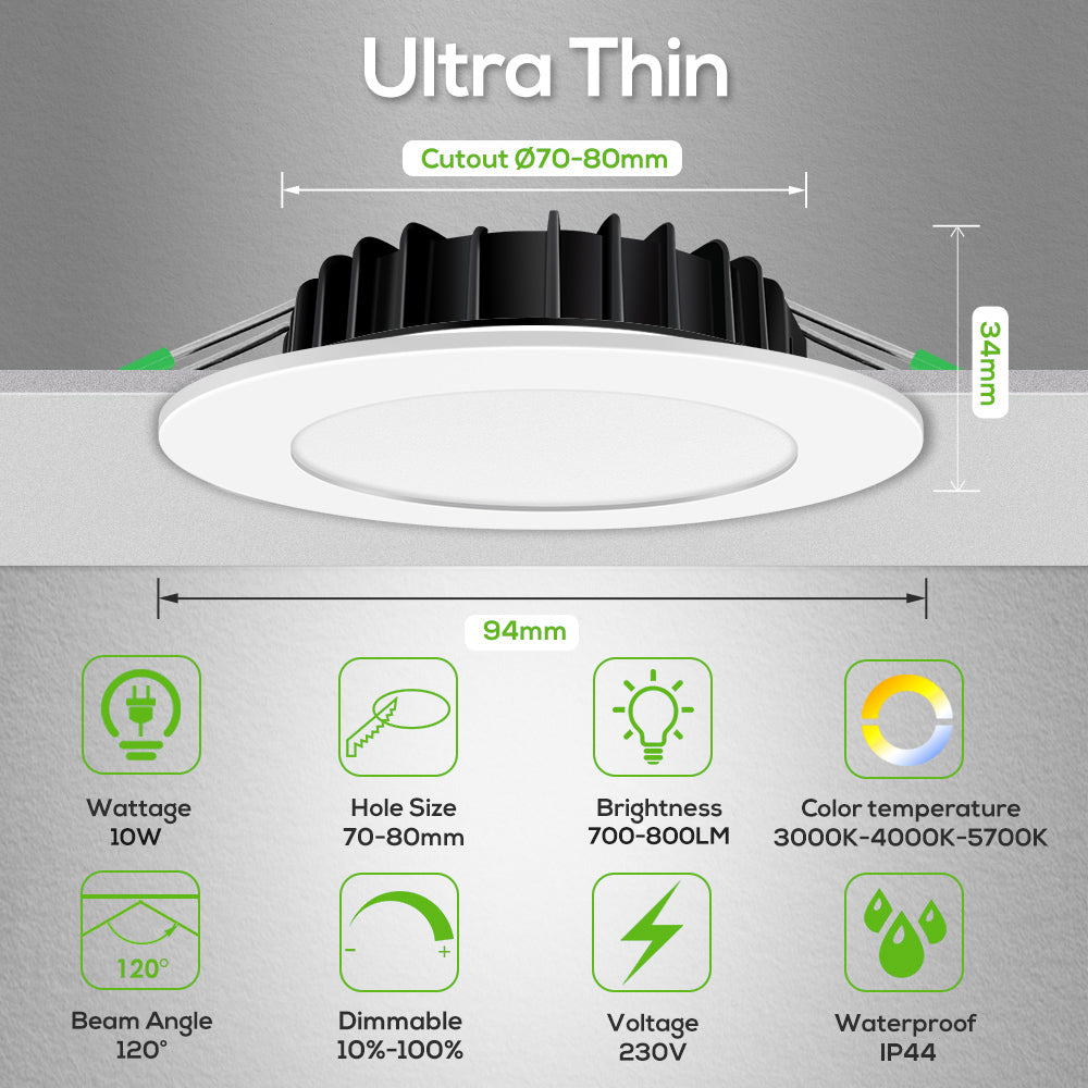 Flat / Concave 10W LED Downlight 3CCT Dimmable, Cutout 70-80mm, White & Black & Nickel Face, 10 Pack