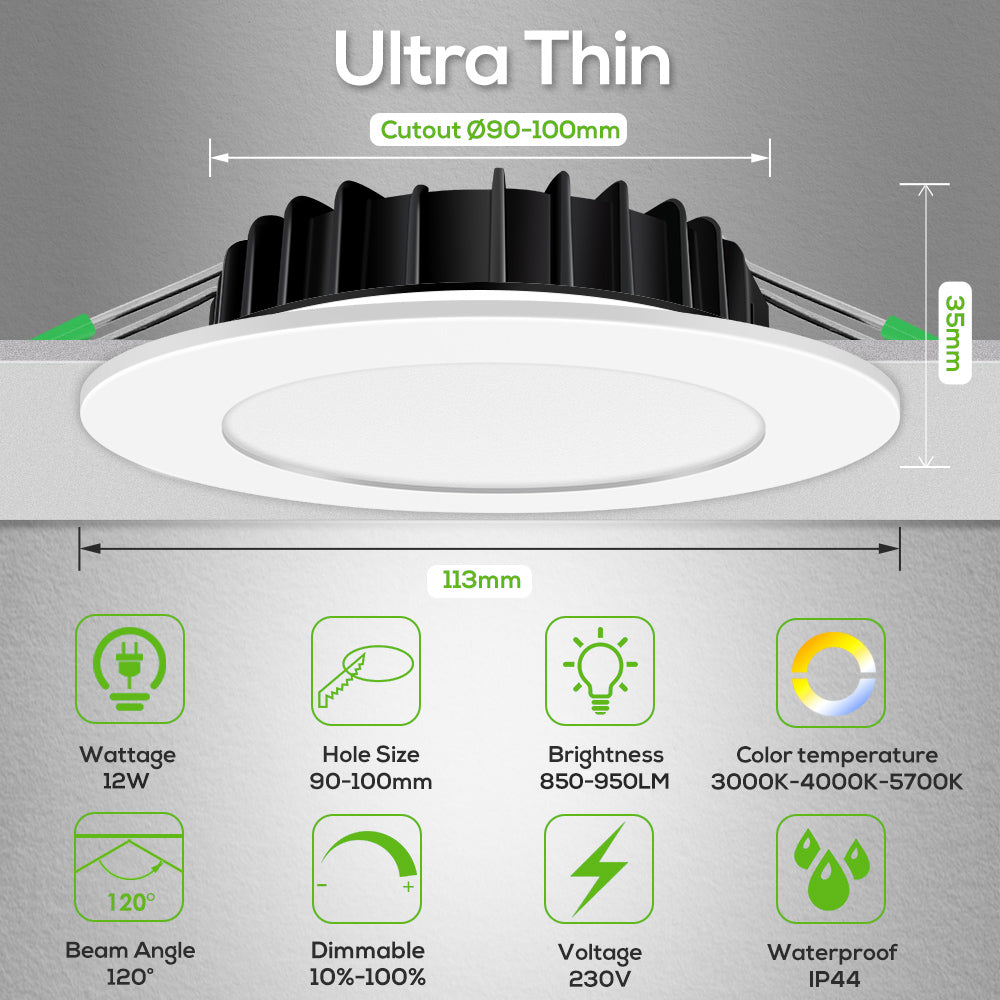 White 12W LED Downlight 3CCT Dimmable, Cutout 90-100mm Flat Face, 10 Pack