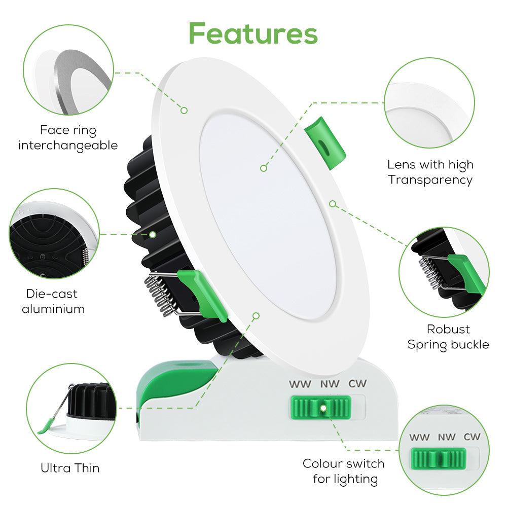 Flat / Concave 10W LED Downlight 3CCT Dimmable, Cutout 70-80mm, White & Black & Nickel Face, 10 Pack