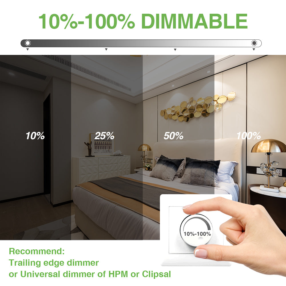 White Black Nickel 12W LED Downlight 3CCT Dimmable, Cutout 90-100mm Flat Face, 10 Pack