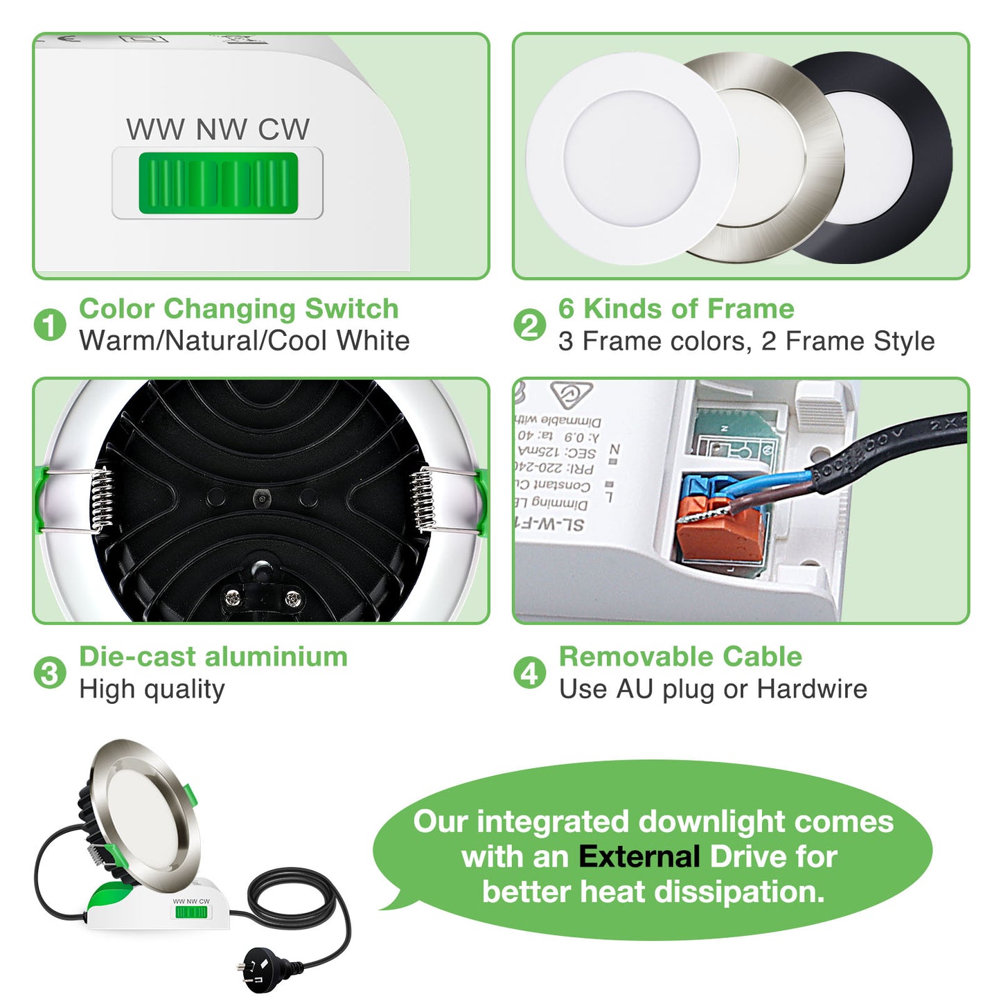 White Black Nickel 12W LED Downlight 3CCT Dimmable, Cutout 90-100mm Flat Face, 10 Pack