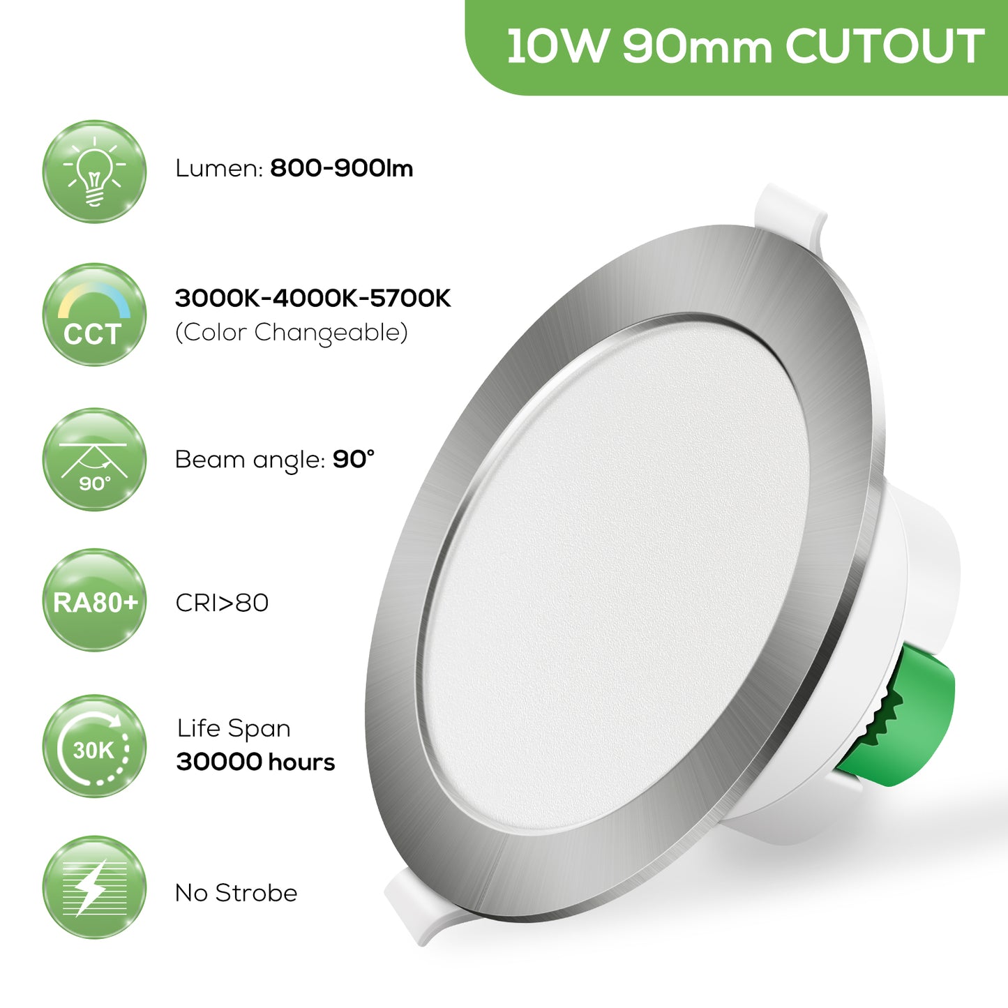 10W LED Recessed Downlight 3CCT Dimmable 90mm IP44 Satin Chrome 10 Pack