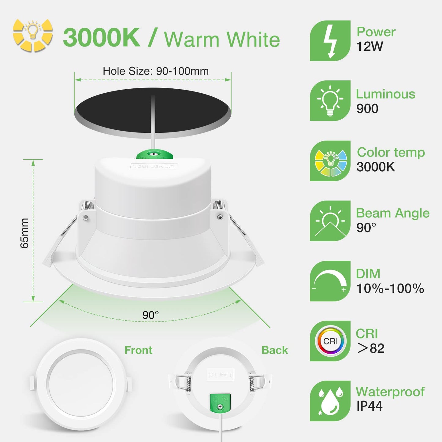 12W Dimmable LED Downlight 3000K with Concave Face, IP44 Spotlight for Bathroom Kitchen, 10 Pack