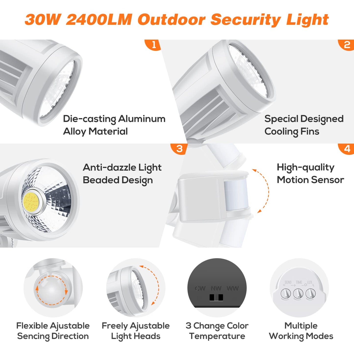 30W LED Outdoor Security Light with Motion Sensor 3CCT IP54 Waterproof White
